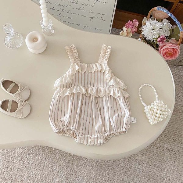 蕾絲拼接格紋/條紋背帶包屁衣 