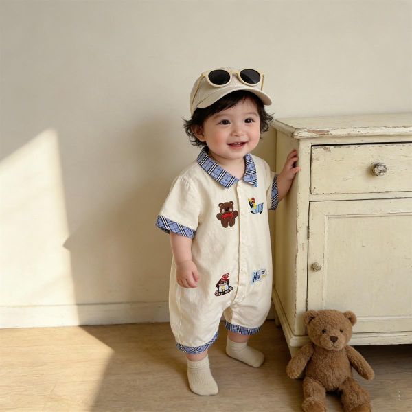 格紋翻領小熊刺繡開釦連身裝 