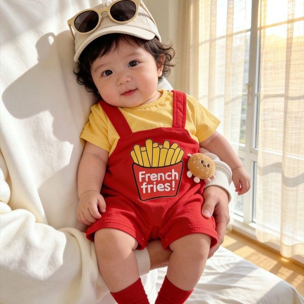 假兩件薯條印花吊帶連身裝+襪 