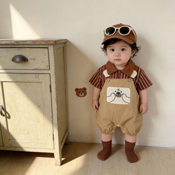 翻領條紋上衣+小熊布標吊帶褲套裝 