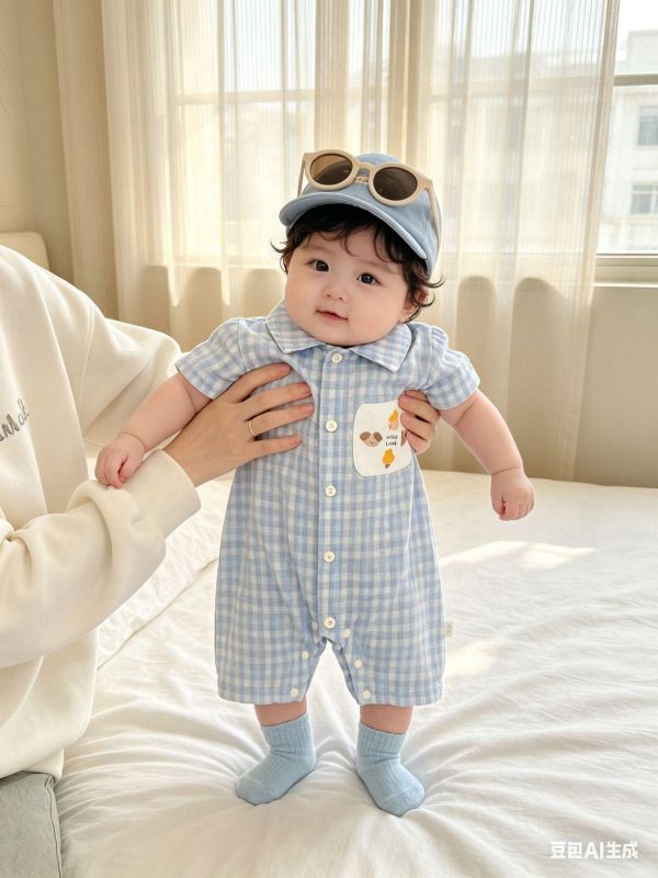 塗鴉貼布格紋翻領連身裝 