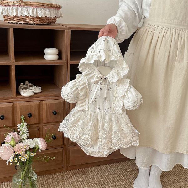 田園碎花蕾絲包屁裙+帽 