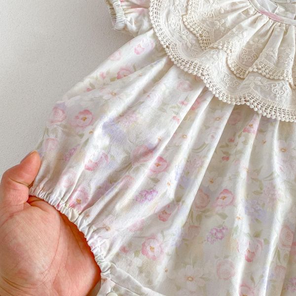 花邊大翻領碎花包屁衣+髮帶 