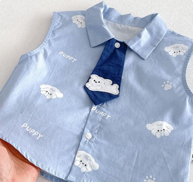 雲朵狗狗領帶背心襯衫/牛仔短褲 