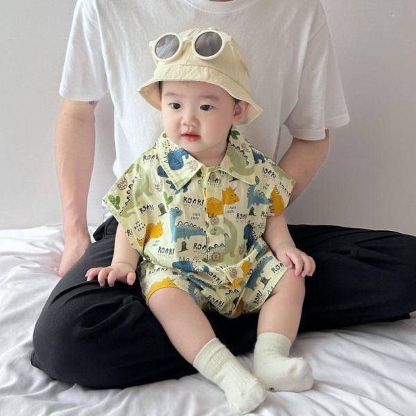 滿印恐龍翻領開釦連身裝 