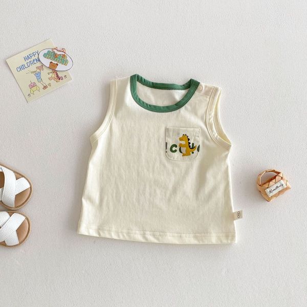 口袋背心+滿版字母恐龍吊帶褲套裝 