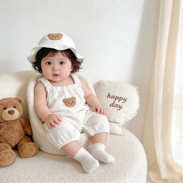 紗布棉小熊布標背帶連身褲+帽 