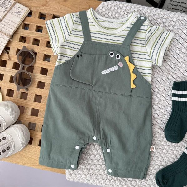 假兩件條紋恐龍吊帶連身裝 