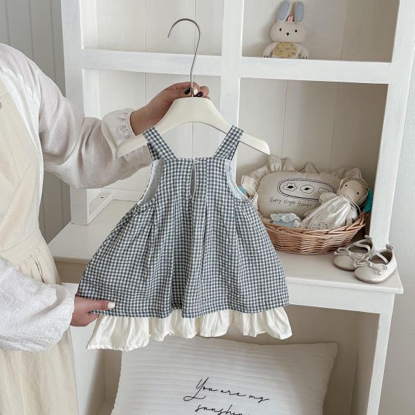 假兩件格紋蕾絲拼接背心式洋裝 