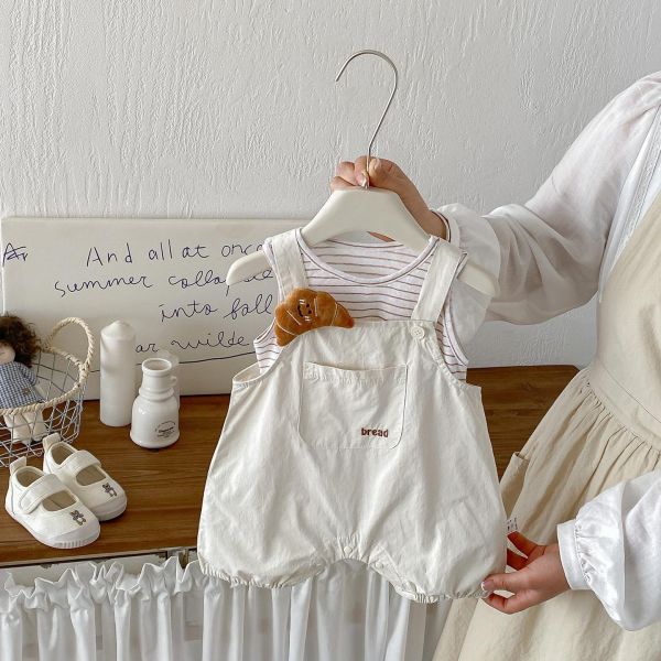 條紋背心+可頌麵包吊帶褲套裝 