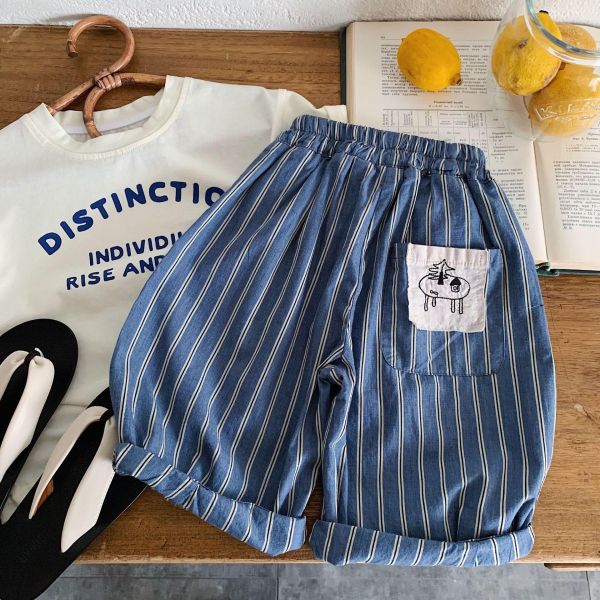 豎條紋口袋貼布薄款九分長褲 