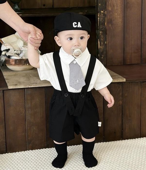 可拆式大象領帶襯衫+西裝吊帶短褲套裝 