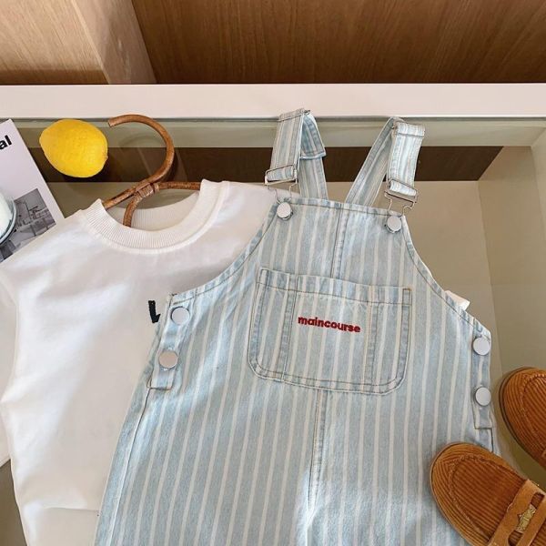 刷舊豎條紋水洗牛仔吊帶褲 