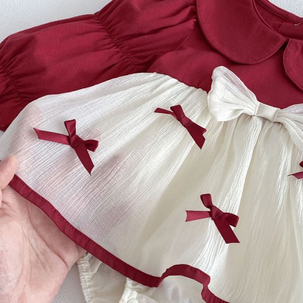 假兩件娃娃領澎袖蝴蝶結包屁裙 