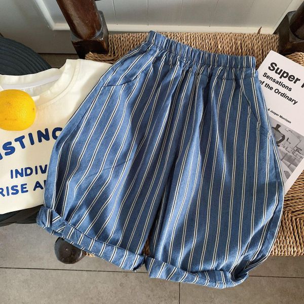 豎條紋口袋貼布薄款九分長褲 