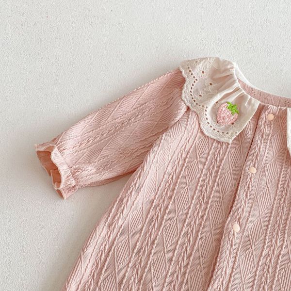 草莓翻領麻花開釦連身裝(含髮帶) 