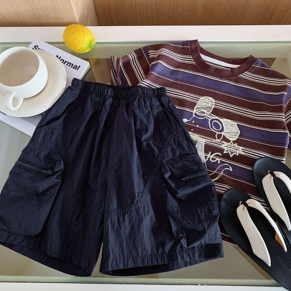 New素色雙拉鍊口袋五分短褲 