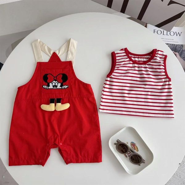 條紋背心+迪士尼卡通吊帶褲套裝 