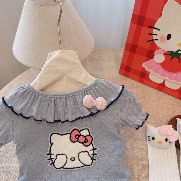 荷葉領貓咪貼布彈力包屁衣 