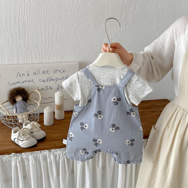 螺紋素上衣+狗狗吊帶短褲套裝 