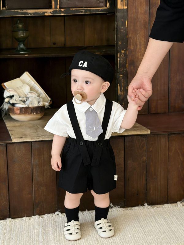 可拆式大象領帶襯衫+西裝吊帶短褲套裝 