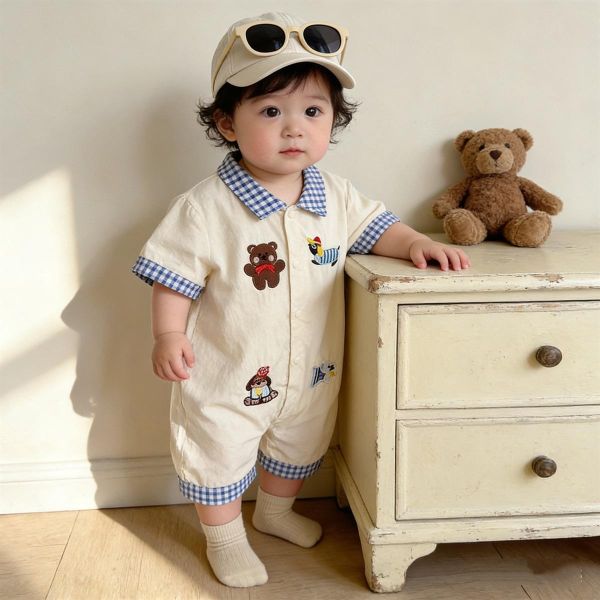 格紋翻領小熊刺繡開釦連身裝 