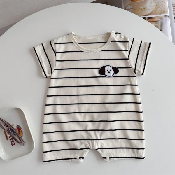 狗狗貼布條紋彈力連身裝(2色) 