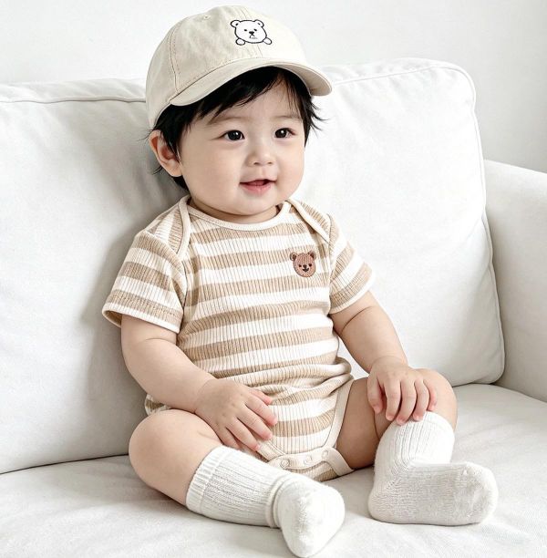 信封領螺紋小熊彈力包屁衣 