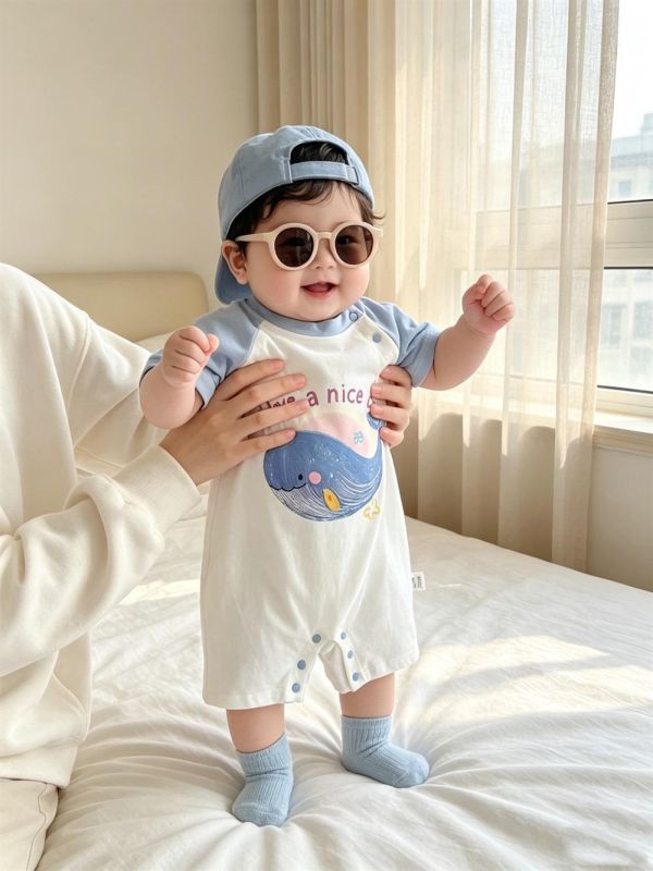 海洋鯨魚印花拼袖連身裝 