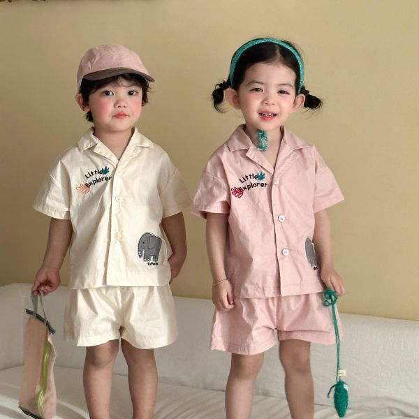 大象字母刺繡襯衫兩件式套裝 