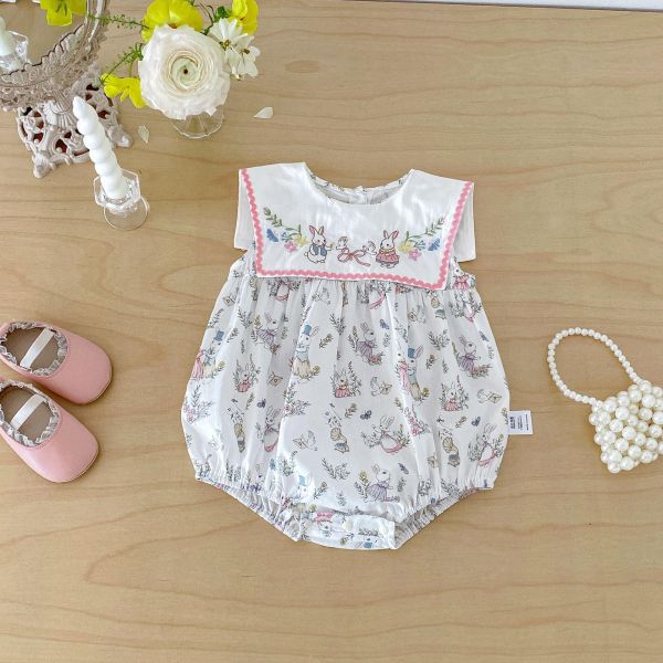 大方領兔子碎花田園包屁衣 