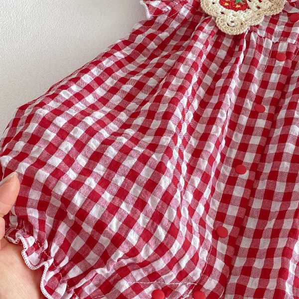 草莓刺繡翻領格紋連身裝 