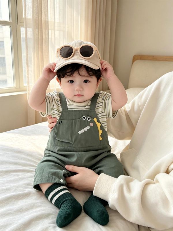 假兩件條紋恐龍吊帶連身裝 