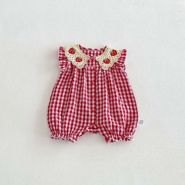 草莓刺繡翻領格紋連身裝 