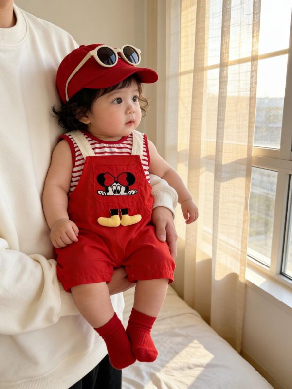 條紋背心+迪士尼卡通吊帶褲套裝 