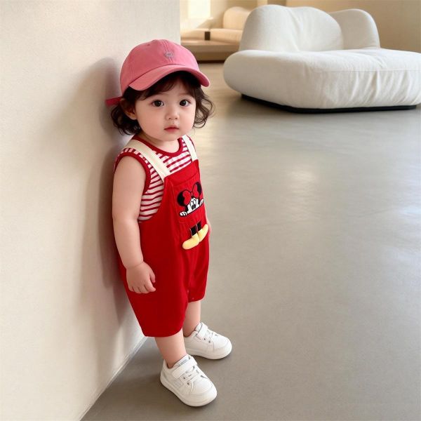 條紋背心+迪士尼卡通吊帶褲套裝 