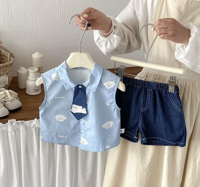 雲朵狗狗領帶背心襯衫/牛仔短褲 