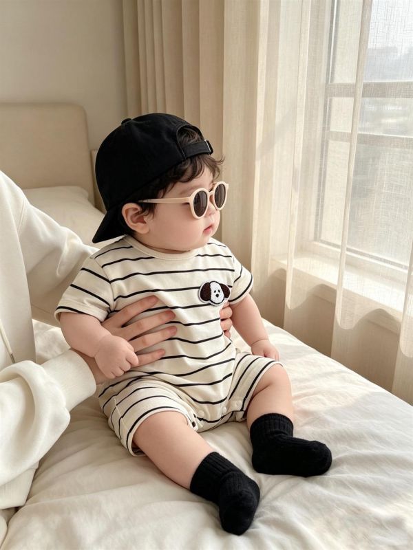 狗狗貼布條紋彈力連身裝(2色) 