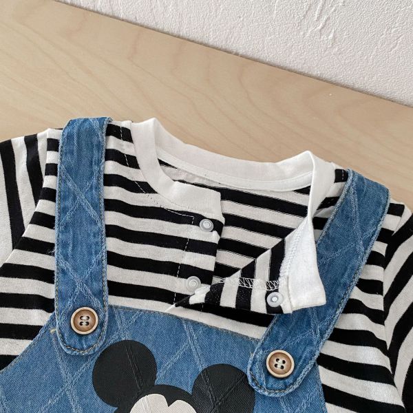 假兩件條紋牛仔米奇連身裝 