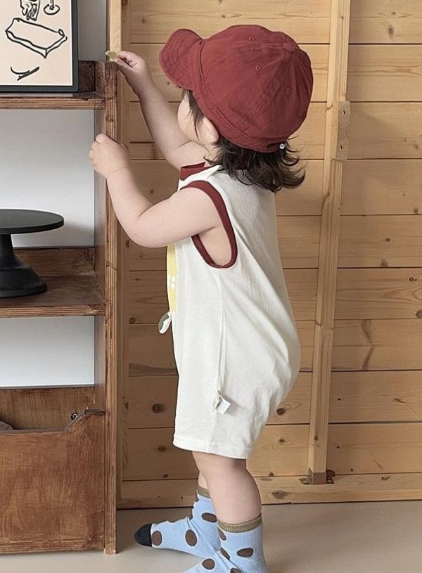 可愛餅乾印花拼色無袖背心連身裝 