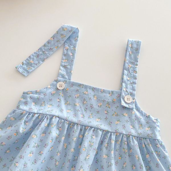 公主澎袖螺紋包屁衣+碎花吊帶裙套裝 