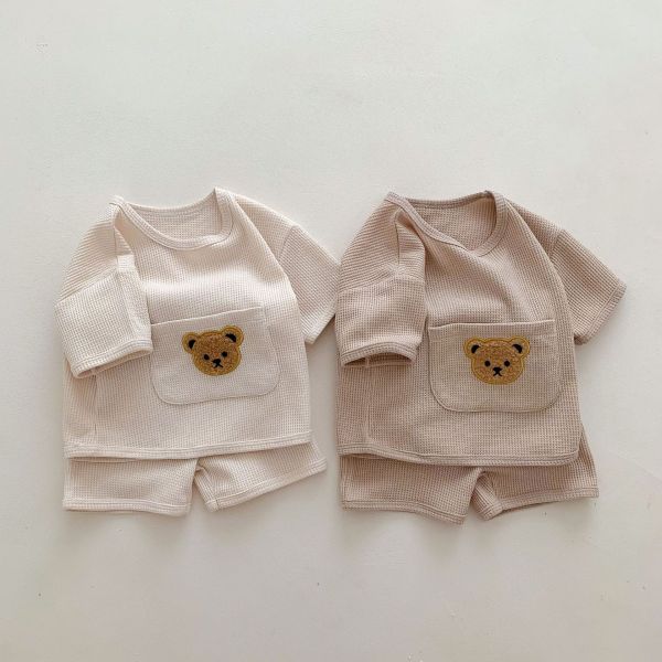 華夫格小熊刺繡單口袋套裝 