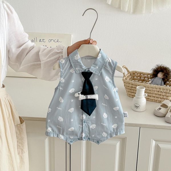 可愛狗狗印花領帶翻領連身裝 