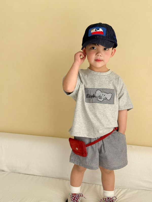 蘋果/大象布標上衣+格紋短褲套裝 