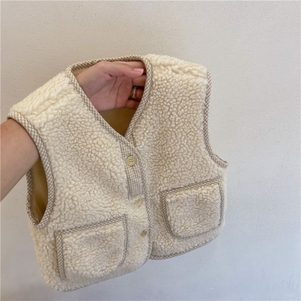 滾邊羊羔毛雙口袋背心 