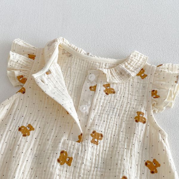 紗布棉透氣娃娃領小熊包屁衣+帽 