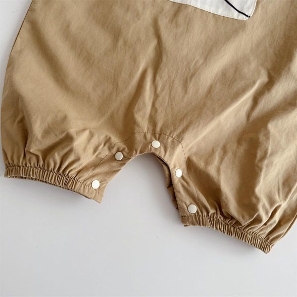 翻領條紋上衣+小熊布標吊帶褲套裝 