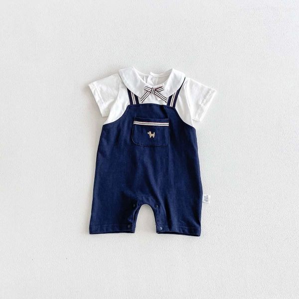 假兩件蝴蝶結翻領背帶連身裝 