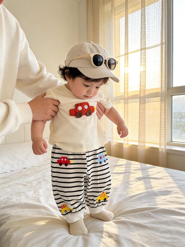 立體大象/汽車上衣+條紋長褲套裝 