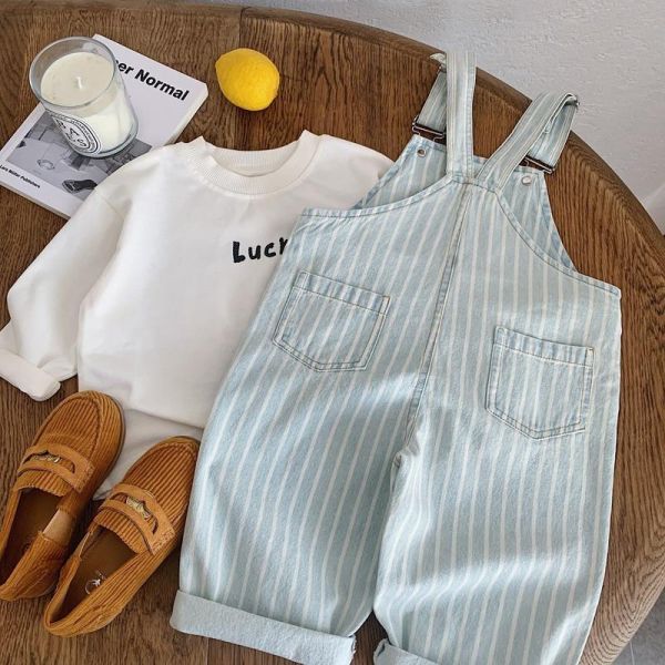 刷舊豎條紋水洗牛仔吊帶褲 